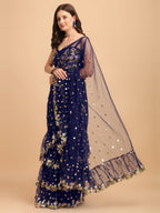 Lorenvalley Fashion Blue Butterfly Net Ruffle Saree with Fancy Sequence work & Blouse | Grocsy