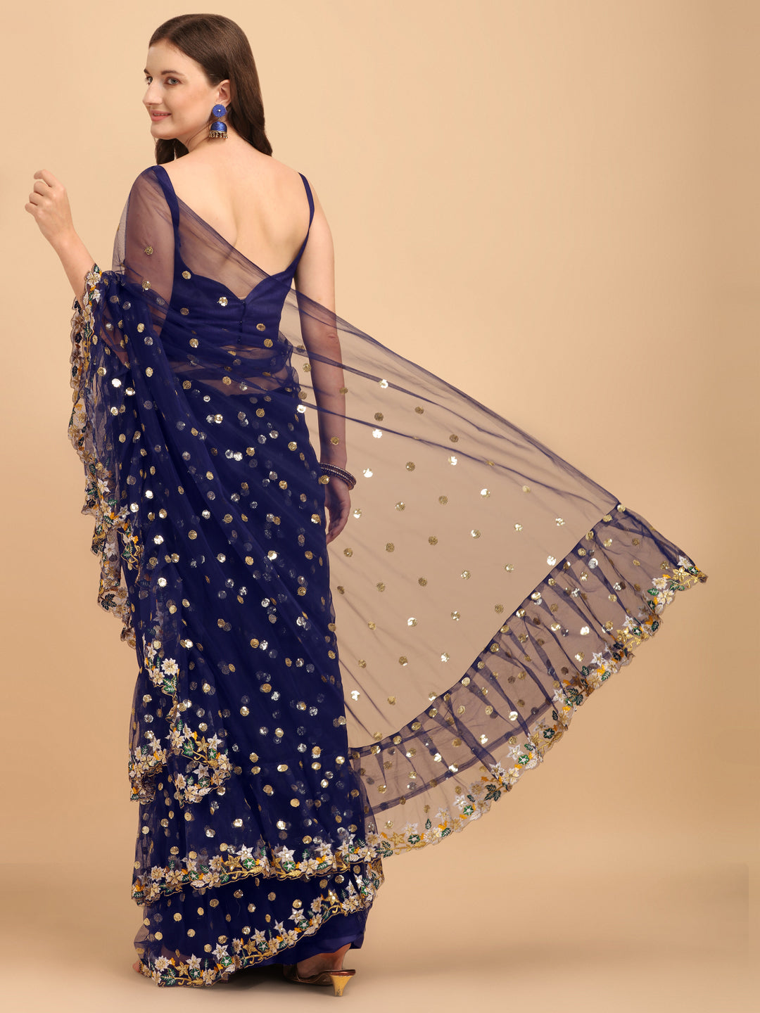 Lorenvalley Fashion Blue Butterfly Net Ruffle Saree with Fancy Sequence work & Blouse | Grocsy