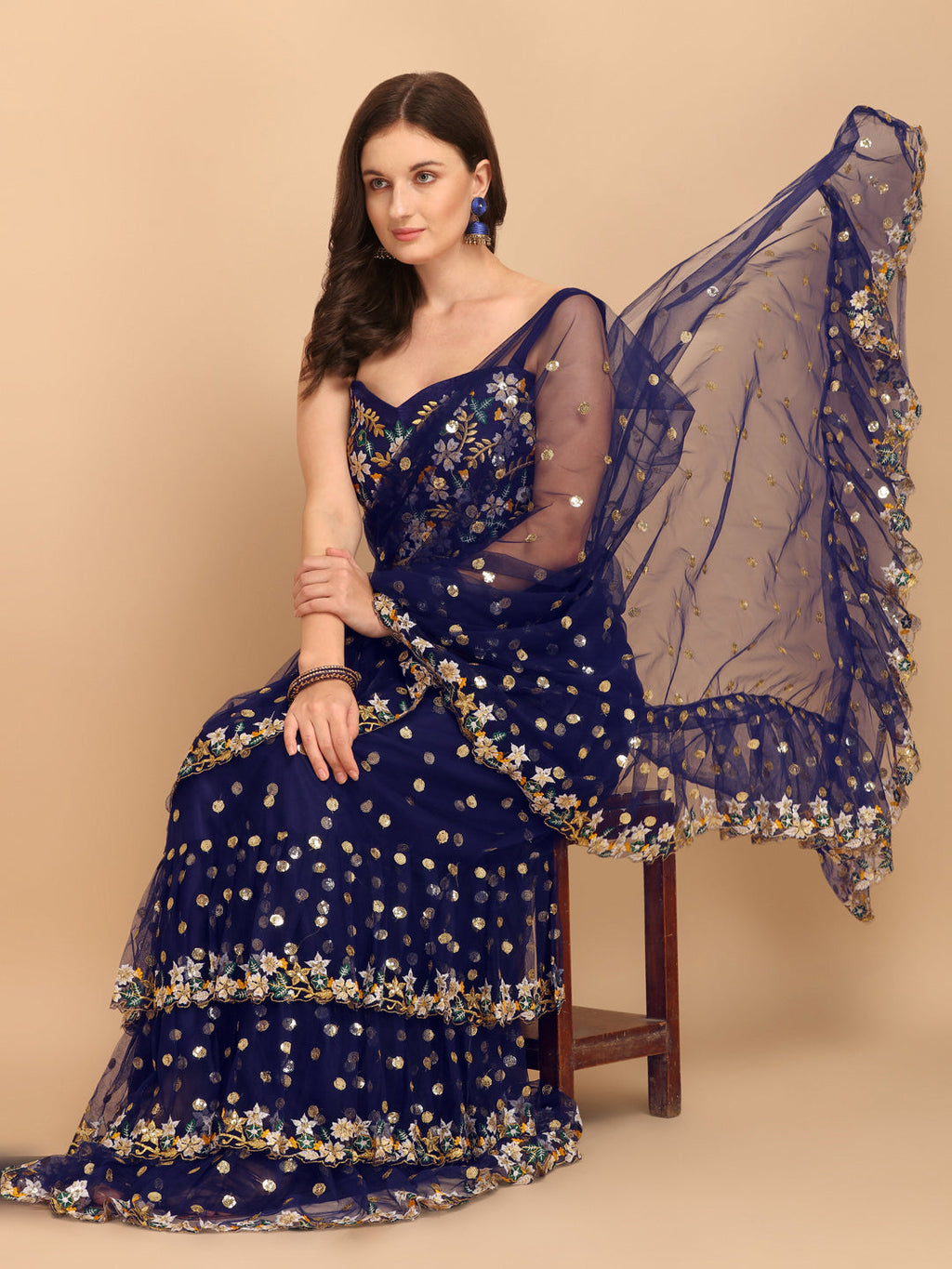 Lorenvalley Fashion Blue Butterfly Net Ruffle Saree with Fancy Sequence work & Blouse | Grocsy