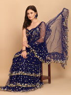 Lorenvalley Fashion Blue Butterfly Net Ruffle Saree with Fancy Sequence work & Blouse | Grocsy