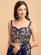 Lorenvalley Fashion Blue Butterfly Net Ruffle Saree with Fancy Sequence work & Blouse | Grocsy