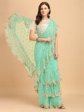 Lorenvalley Fashion Seagreen Butterfly Net Ruffle Saree with Fancy Sequene work & Blousec | Grocsy