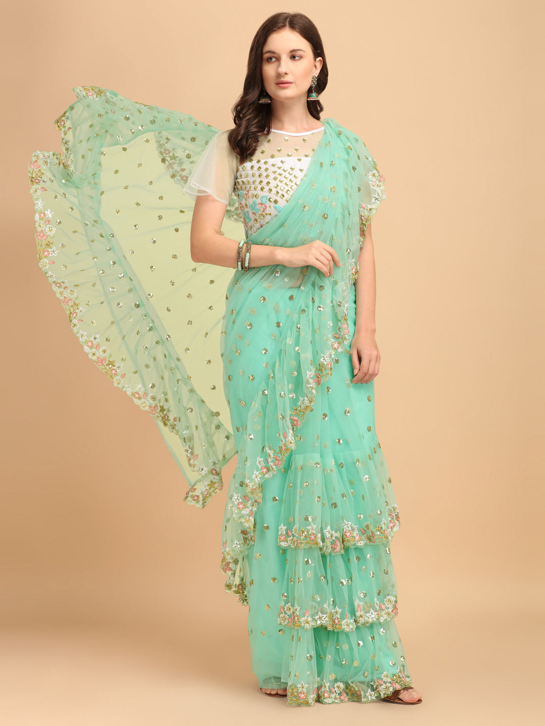 Lorenvalley Fashion Seagreen Butterfly Net Ruffle Saree with Fancy Sequene work & Blousec | Grocsy