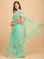 Lorenvalley Fashion Seagreen Butterfly Net Ruffle Saree with Fancy Sequene work & Blousec | Grocsy
