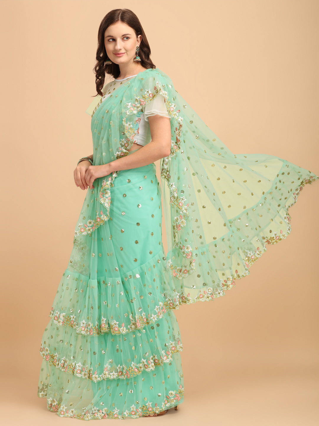 Lorenvalley Fashion Seagreen Butterfly Net Ruffle Saree with Fancy Sequene work & Blousec | Grocsy