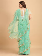 Lorenvalley Fashion Seagreen Butterfly Net Ruffle Saree with Fancy Sequene work & Blousec | Grocsy