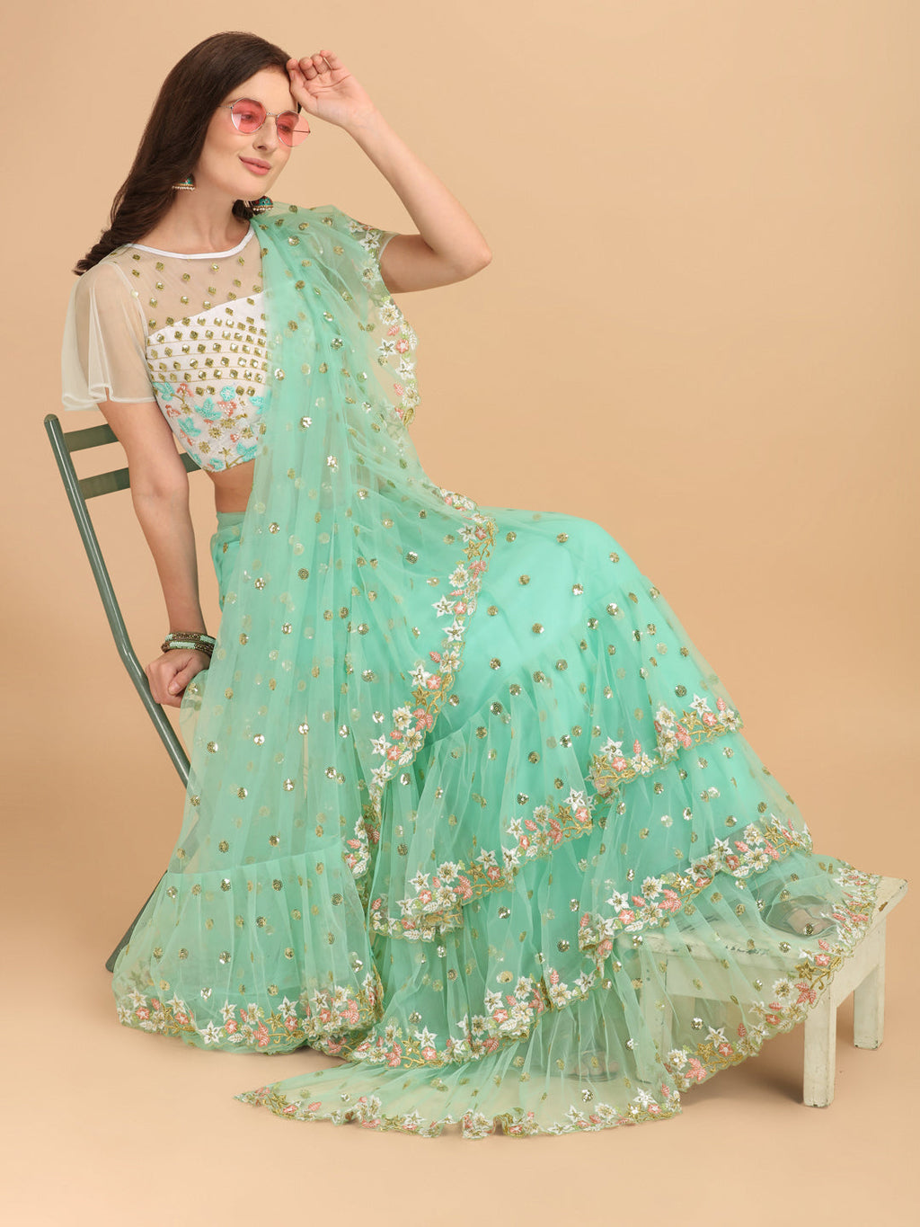 Lorenvalley Fashion Seagreen Butterfly Net Ruffle Saree with Fancy Sequene work & Blousec | Grocsy
