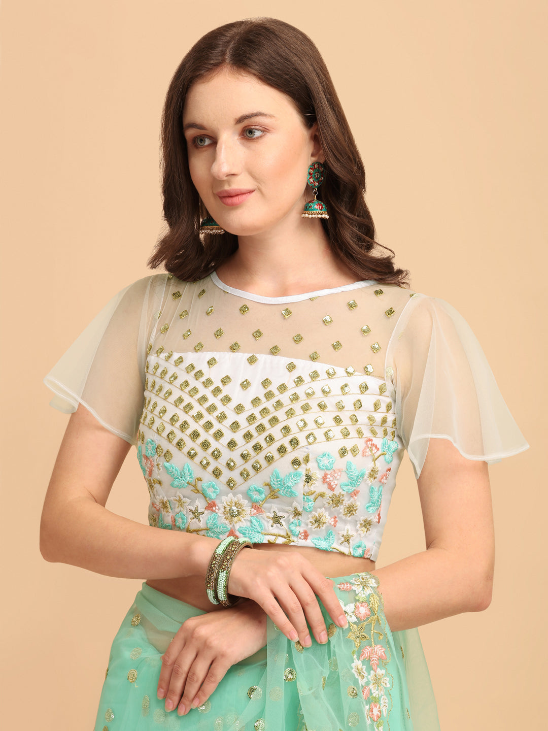 Lorenvalley Fashion Seagreen Butterfly Net Ruffle Saree with Fancy Sequene work & Blousec | Grocsy