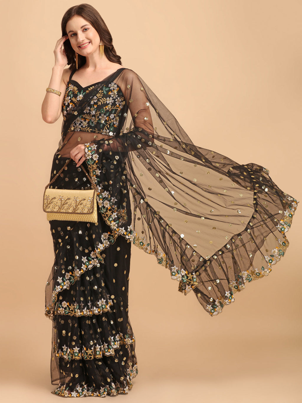 Lorenvalley Fashion Black Butterfly Net Ruffle Saree with Fancy Sequence work & Blouse | Grocsy