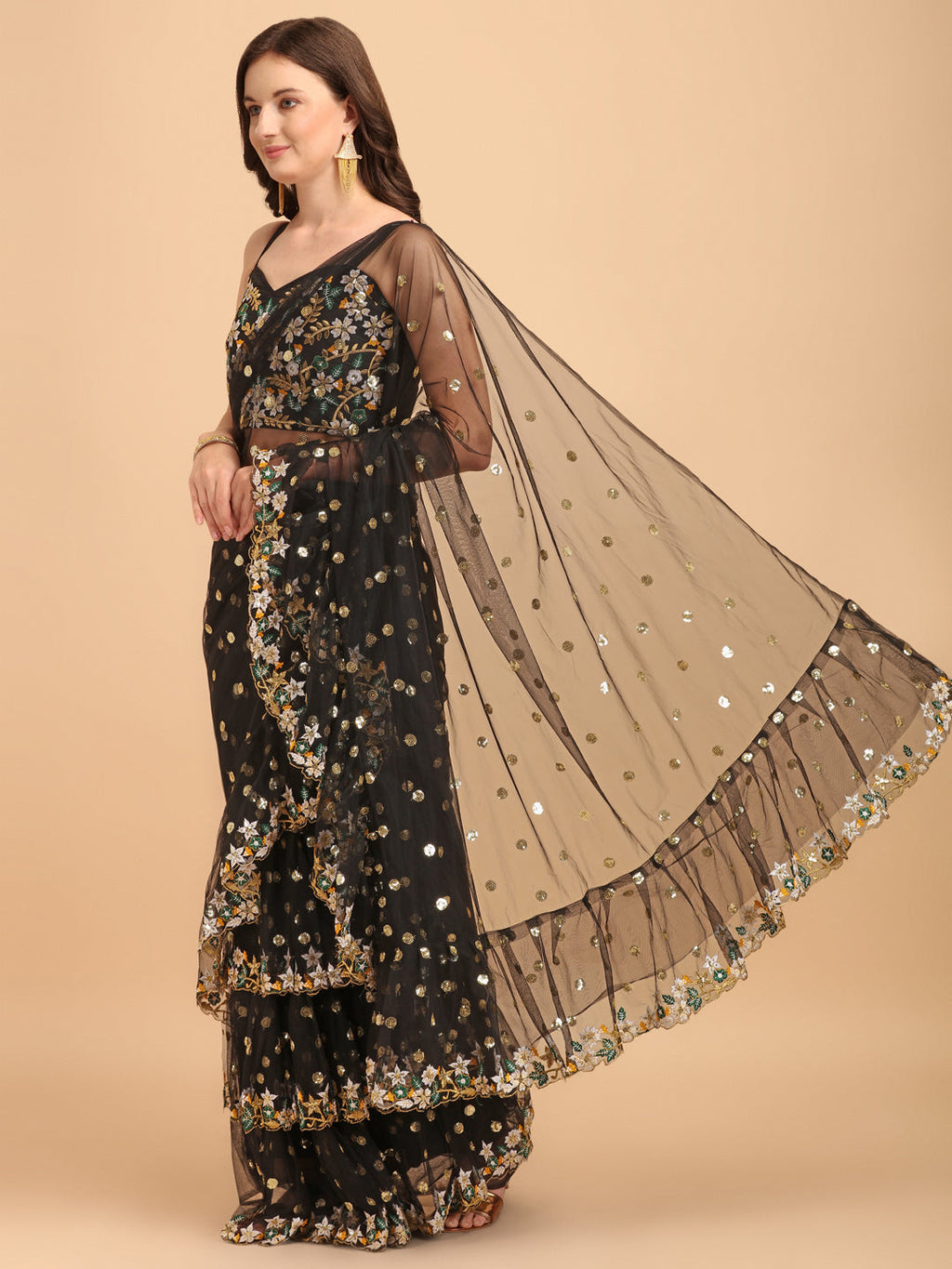 Lorenvalley Fashion Black Butterfly Net Ruffle Saree with Fancy Sequence work & Blouse | Grocsy