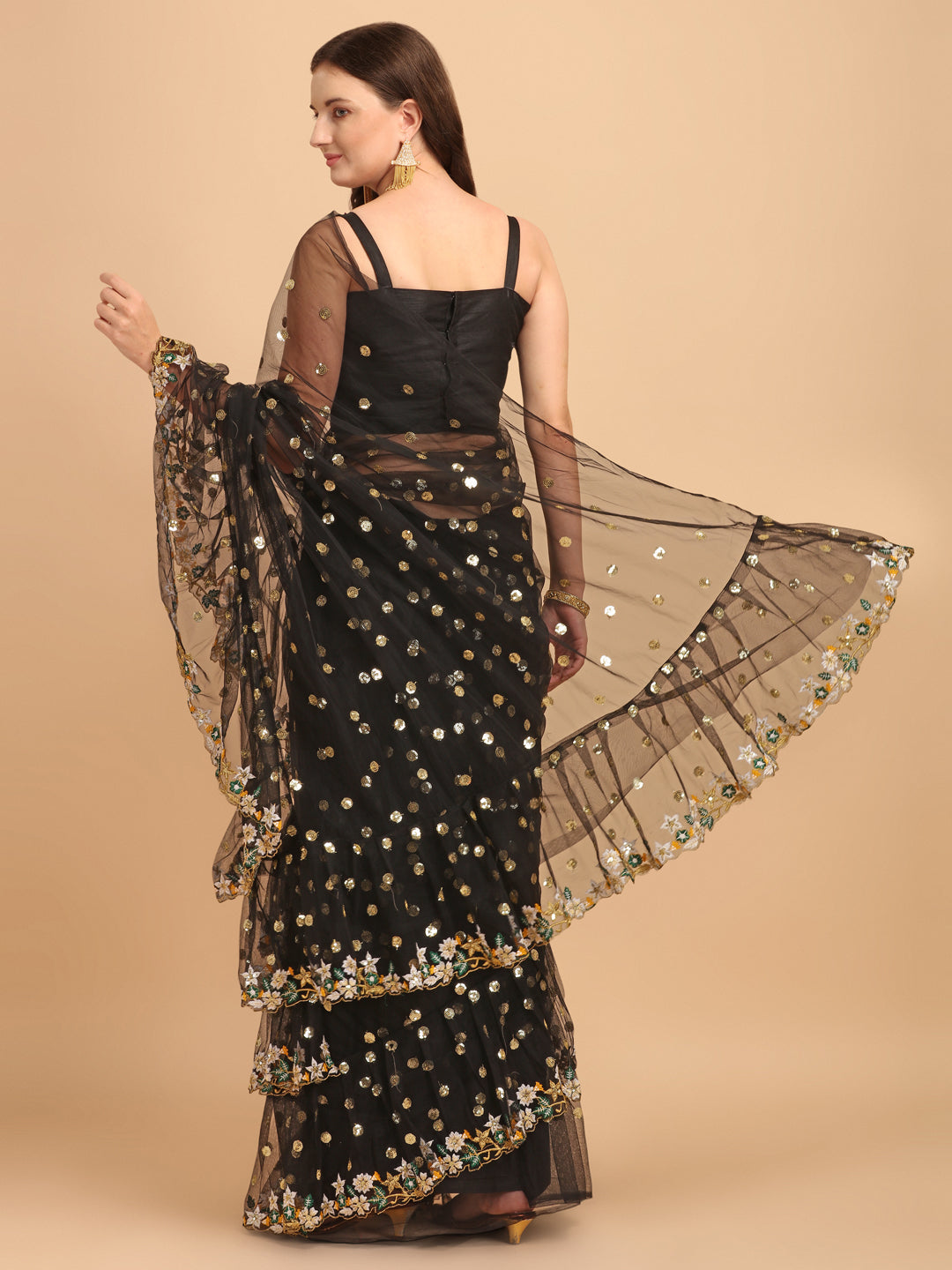 Lorenvalley Fashion Black Butterfly Net Ruffle Saree with Fancy Sequence work & Blouse | Grocsy