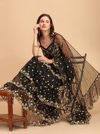 Lorenvalley Fashion Black Butterfly Net Ruffle Saree with Fancy Sequence work & Blouse | Grocsy