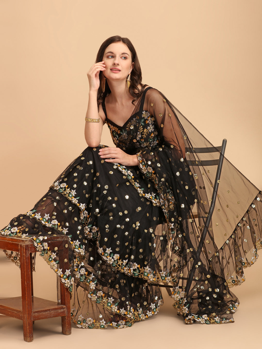 Lorenvalley Fashion Black Butterfly Net Ruffle Saree with Fancy Sequence work & Blouse | Grocsy