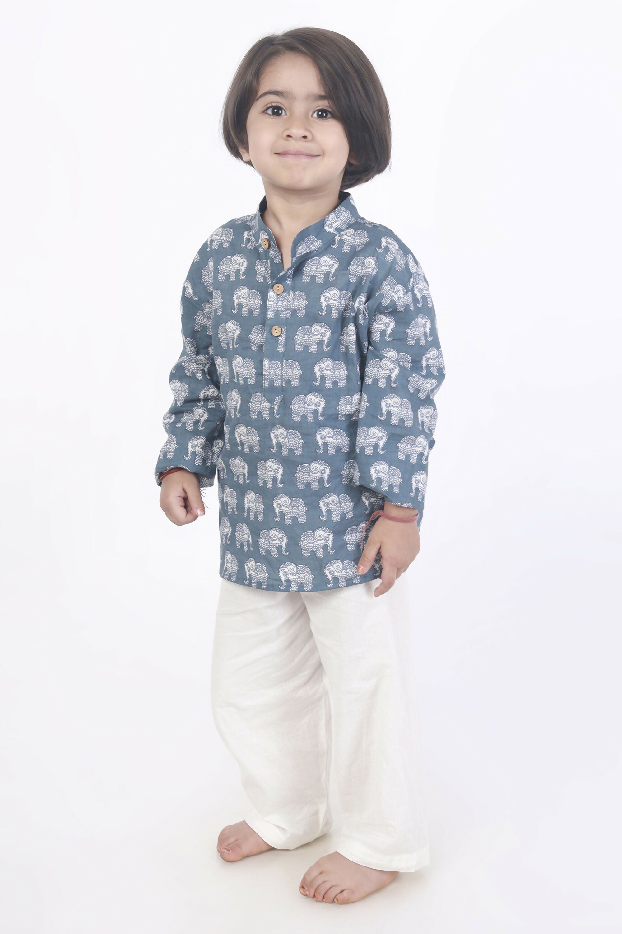 Breathables Kids Boys & Girls Cotton Night Suit – Grey Elephant Print Kurta & Pyjama Co-Ord Set | Grocsy