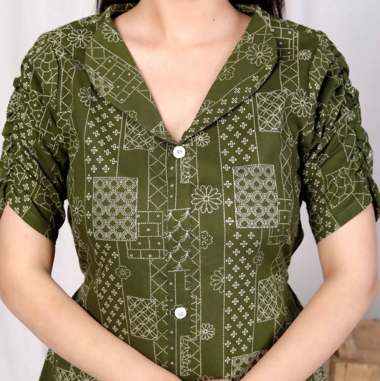 Miravan Women's Pure Cotton Floral Printed Green Button Down A-Line Midi Dress | Grocsy