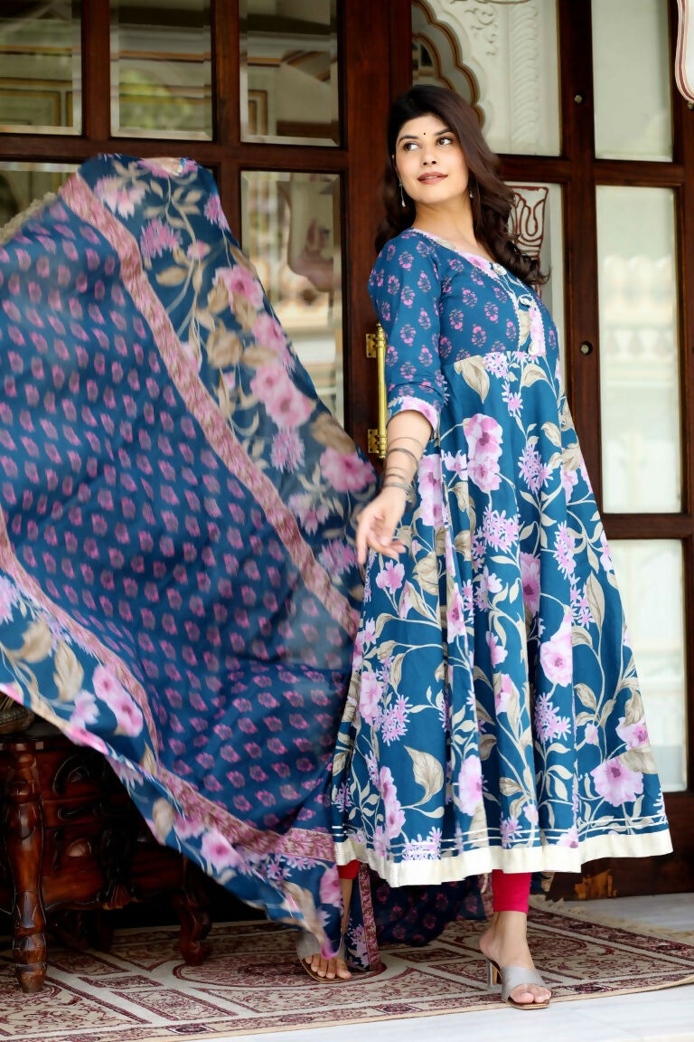 Miravan Women's Flower Printed Blue Anarkali Kurta And Dupatta | Grocsy