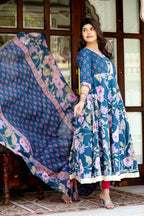 Miravan Women's Flower Printed Blue Anarkali Kurta And Dupatta | Grocsy