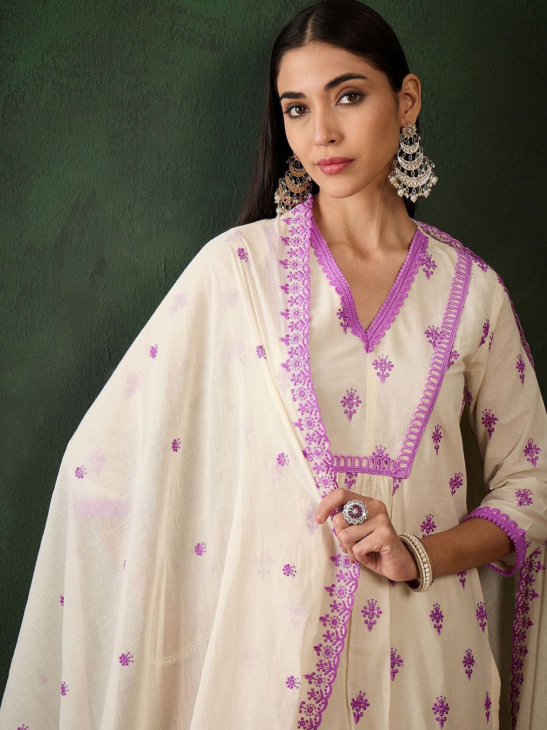 Sangria Purple Floral Embroidered Thread Work Pure Cotton Kurta & Palazzos With Dupatta | Grocsy