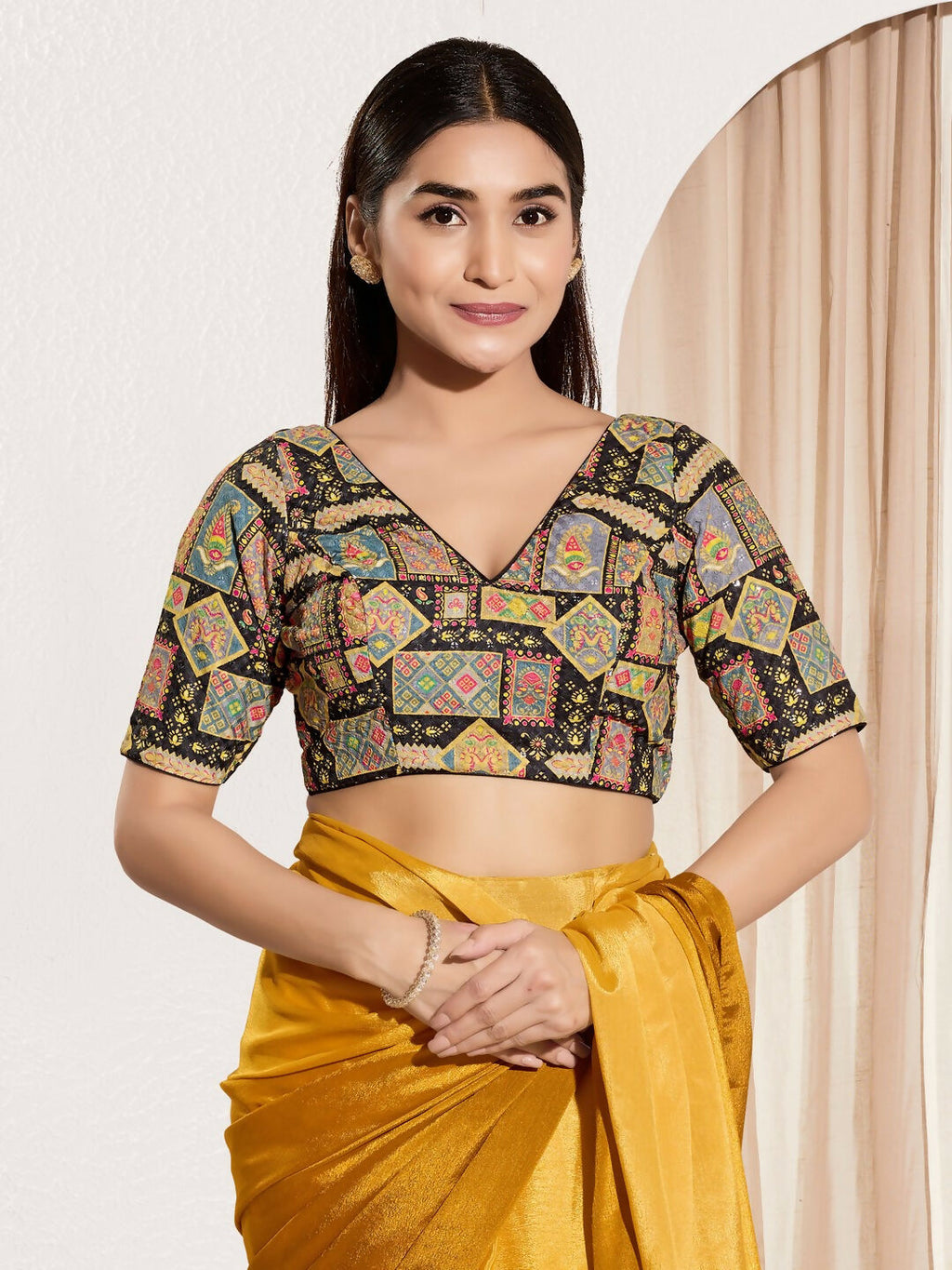 Joban Fashion Black Viscose Rayon Padded Blouse With V Neck Elbow Sleeves | Grocsy