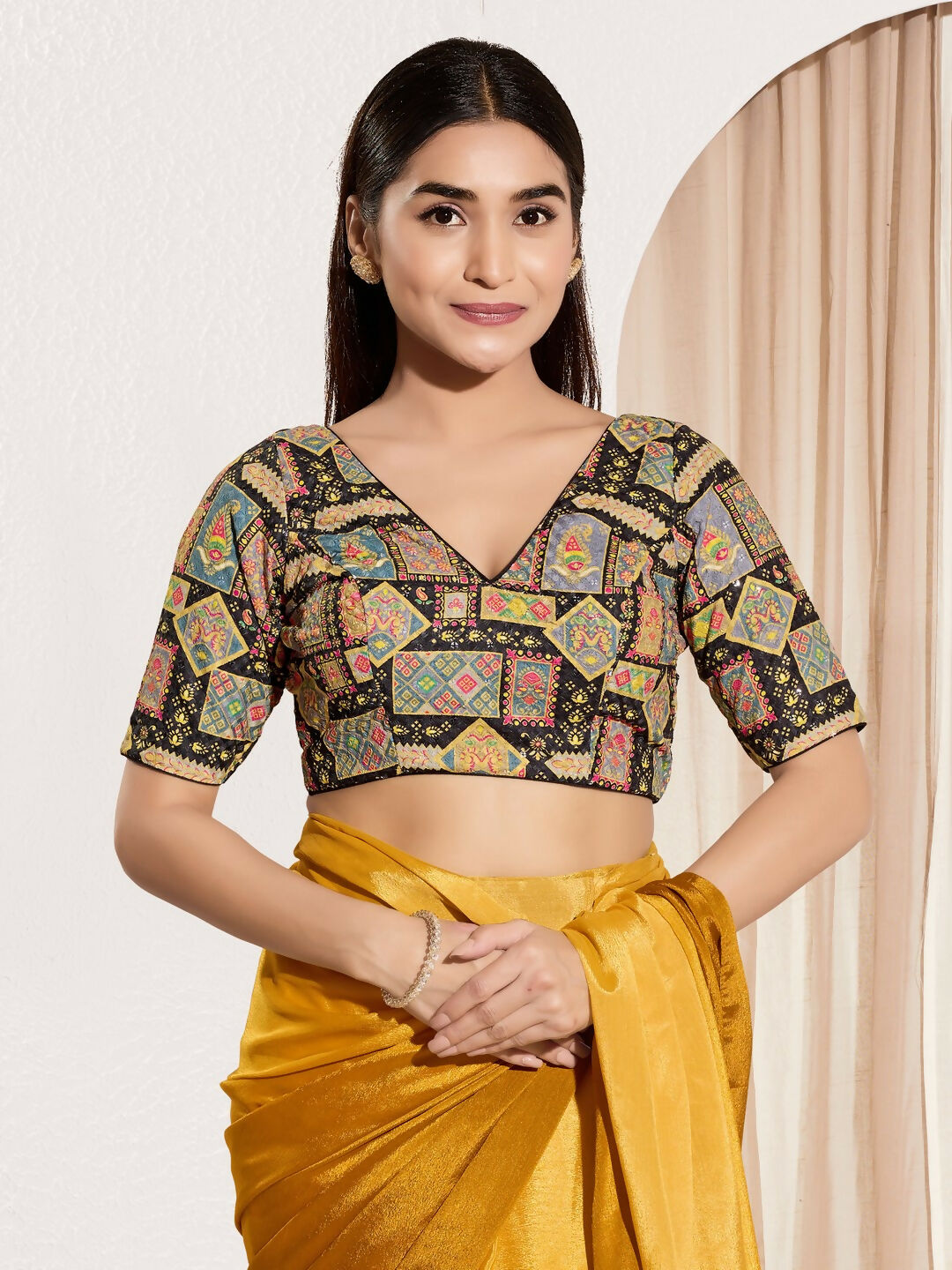 Joban Fashion Black Viscose Rayon Padded Blouse With V Neck Elbow Sleeves | Grocsy