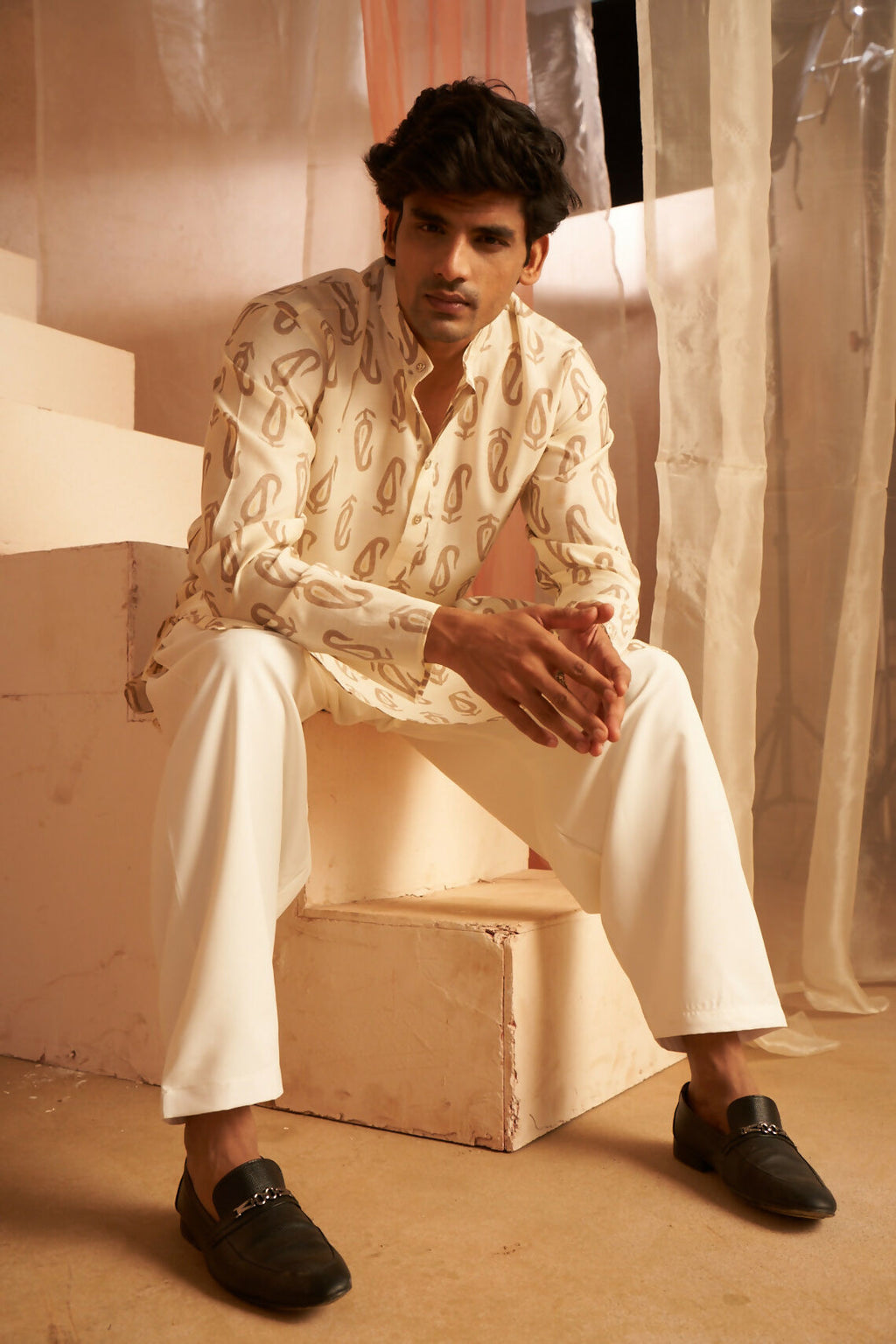 Off White Modal Silk Designer Printed Men's Kurta Set - Mahotsav | Grocsy