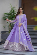 Teeya Creation Lavender Color Crunchy Silk Wedding Wear Embroidery Work Long Gown | Grocsy