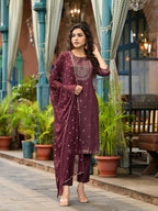 Juniper Women's Wine Ethnic Motif Printed Muslin Kurta Set With Zari Work & Gota Patti | Grocsy