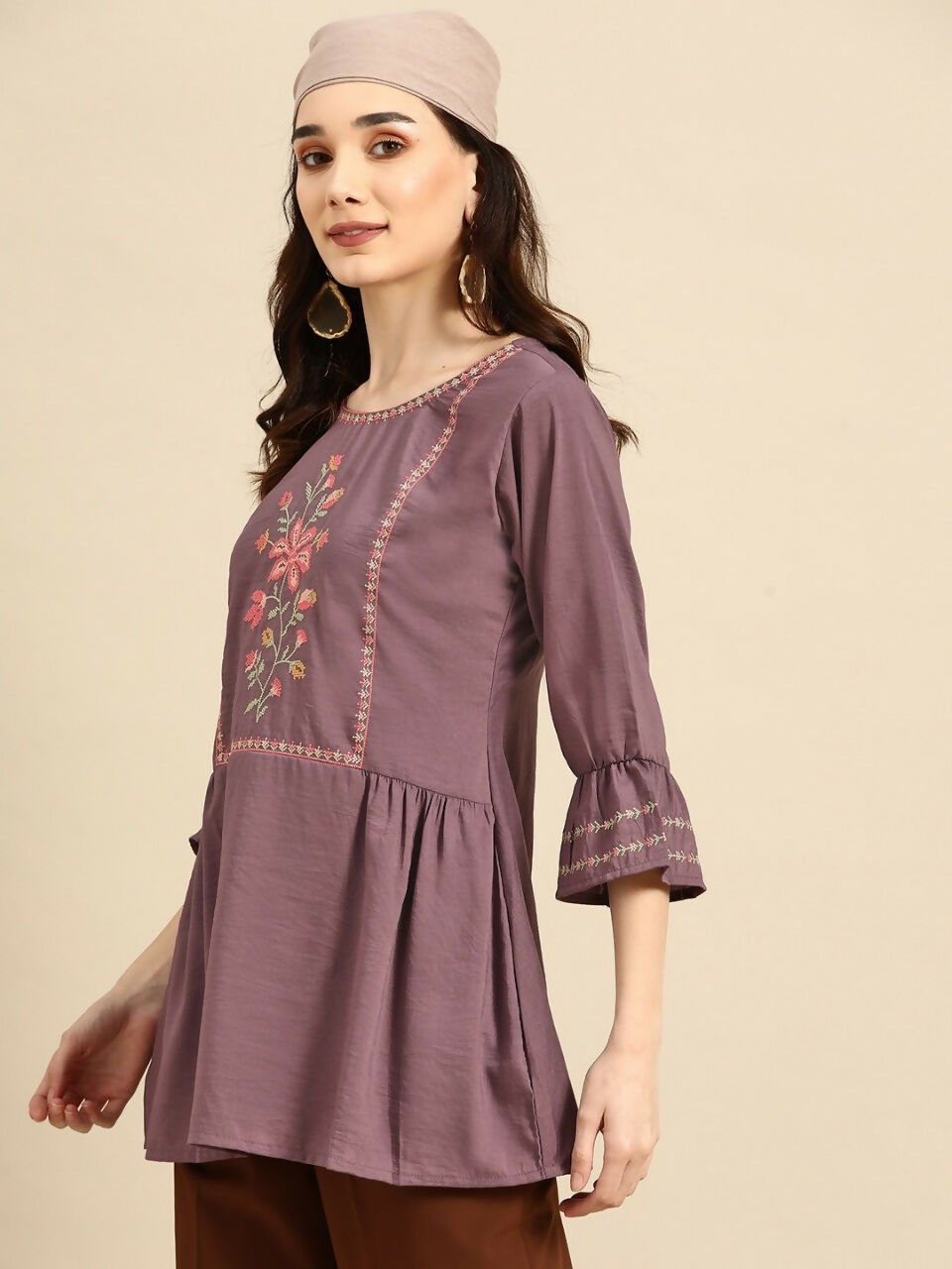 Women's Purple Viscose blend Embroidered Short Top - Marina | Grocsy