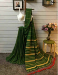 Exclusive Collection Khadi Cotton Handloom Khesh Saree With Blouse Piece - Pesta Green | Grocsy