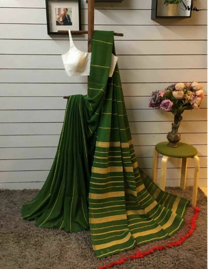 Exclusive Collection Khadi Cotton Handloom Khesh Saree With Blouse Piece - Pesta Green | Grocsy
