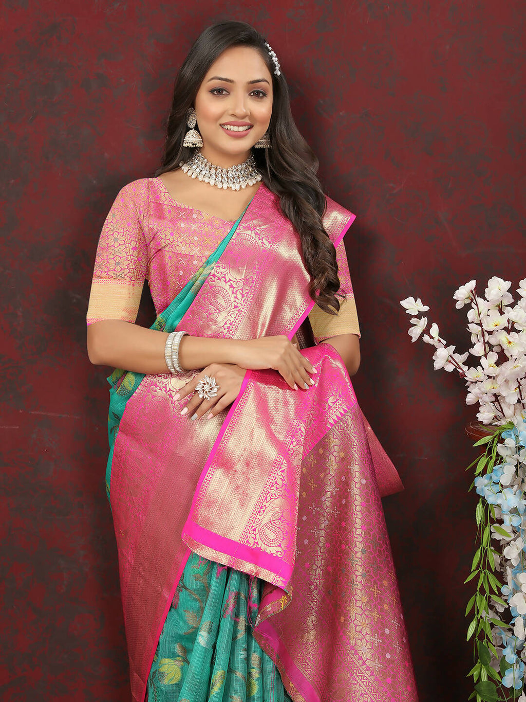 Lorenvalley Fashion Teal Cotton Woven Design Zari Meenakari Weaving Saree | Grocsy