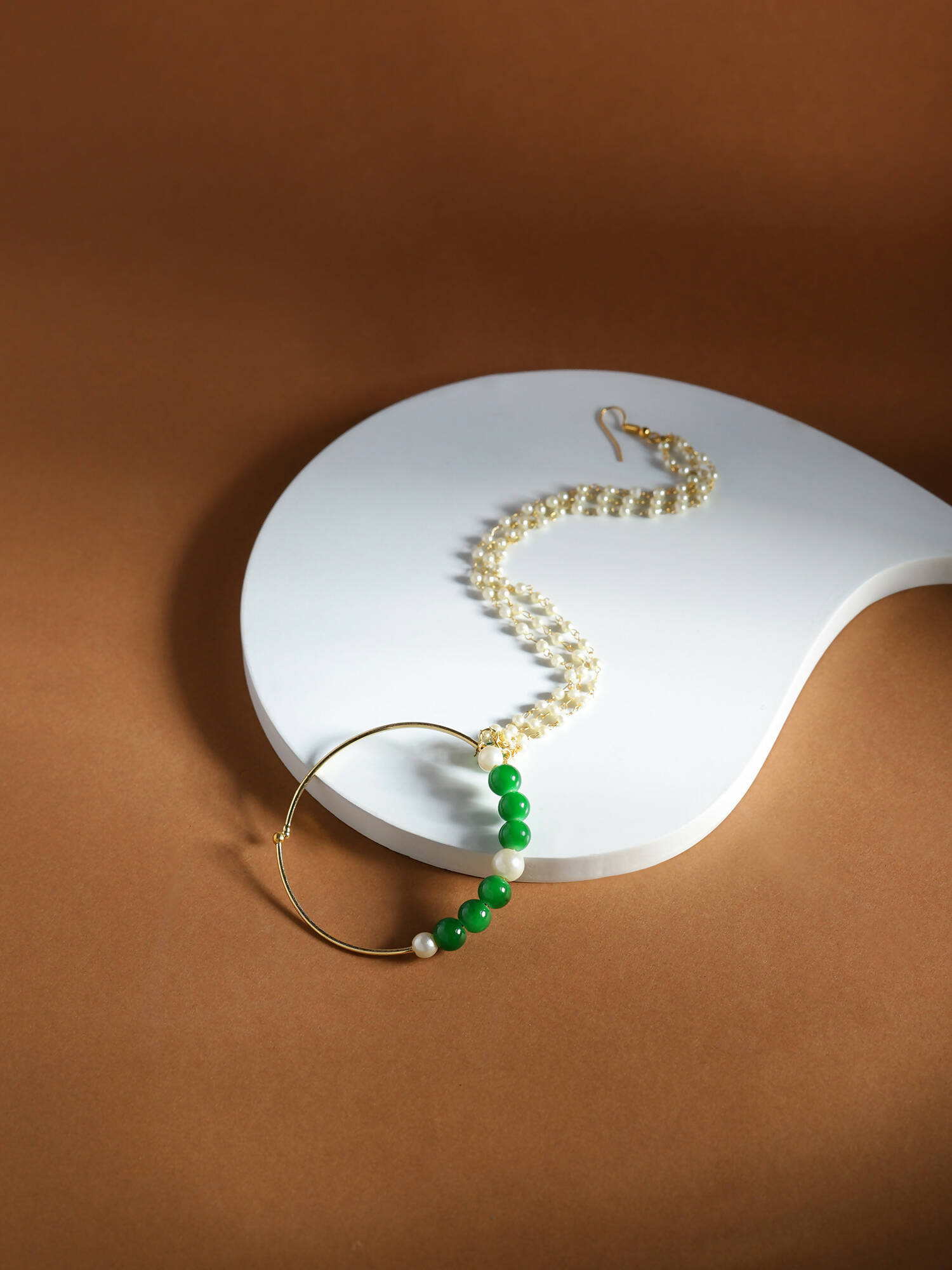 Gold-Polished White Green Stone-Studded Pearl Beaded Nosepin - Ruby Raang | Grocsy