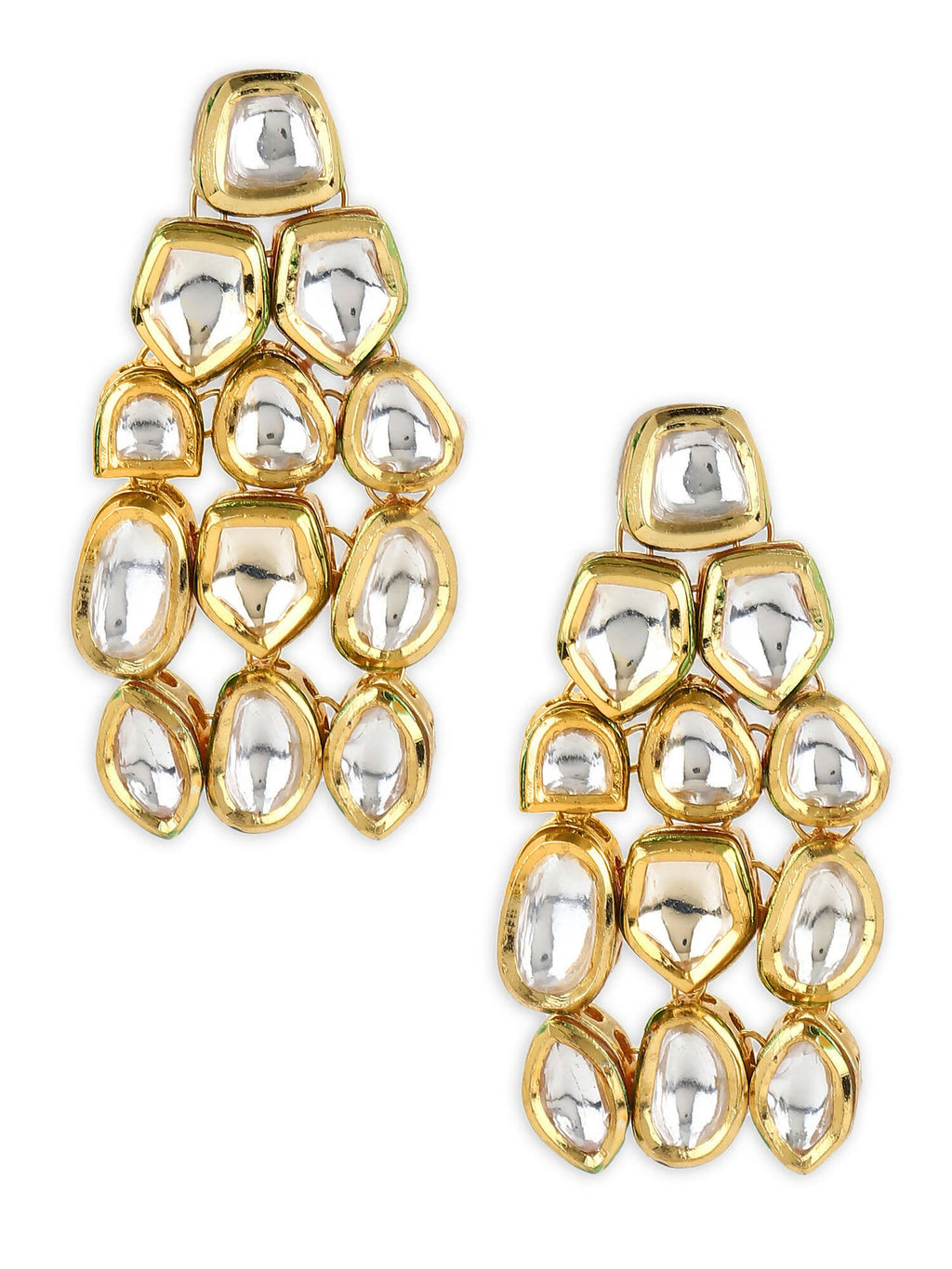 Gold-Toned White Kundan Contemporary Gold-Polished Drop Earrings - Ruby Raang | Grocsy
