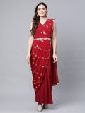 Ahalyaa Women Maroon Crepe Georgette Printed Saree Dress With Printed Pallu | Grocsy