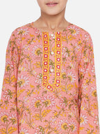 Little Bansi Boys Bengali Kantha work floral kurta & Dhoti - Pink & White | Grocsy