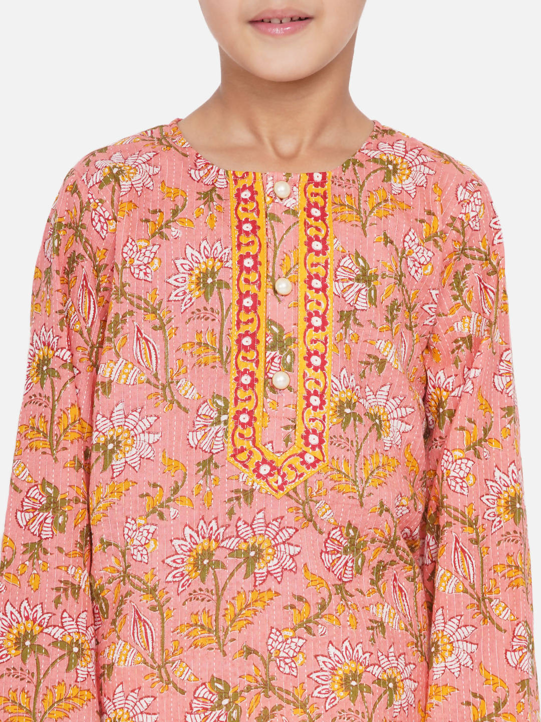 Little Bansi Boys Bengali Kantha work floral kurta & Dhoti - Pink & White | Grocsy
