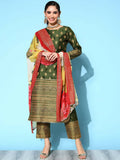 Ahalyaa Women's Olive Colour Poly Silk Gold Printed Kurta Pant Set With Dupatta | Grocsy