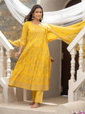 Mustard Cotton Cambric Printed with Sequins work Anarkali Kurta with Pant & Dupatta - Akashara | Grocsy