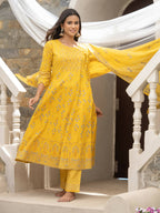 Mustard Cotton Cambric Printed with Sequins work Anarkali Kurta with Pant & Dupatta - Akashara | Grocsy