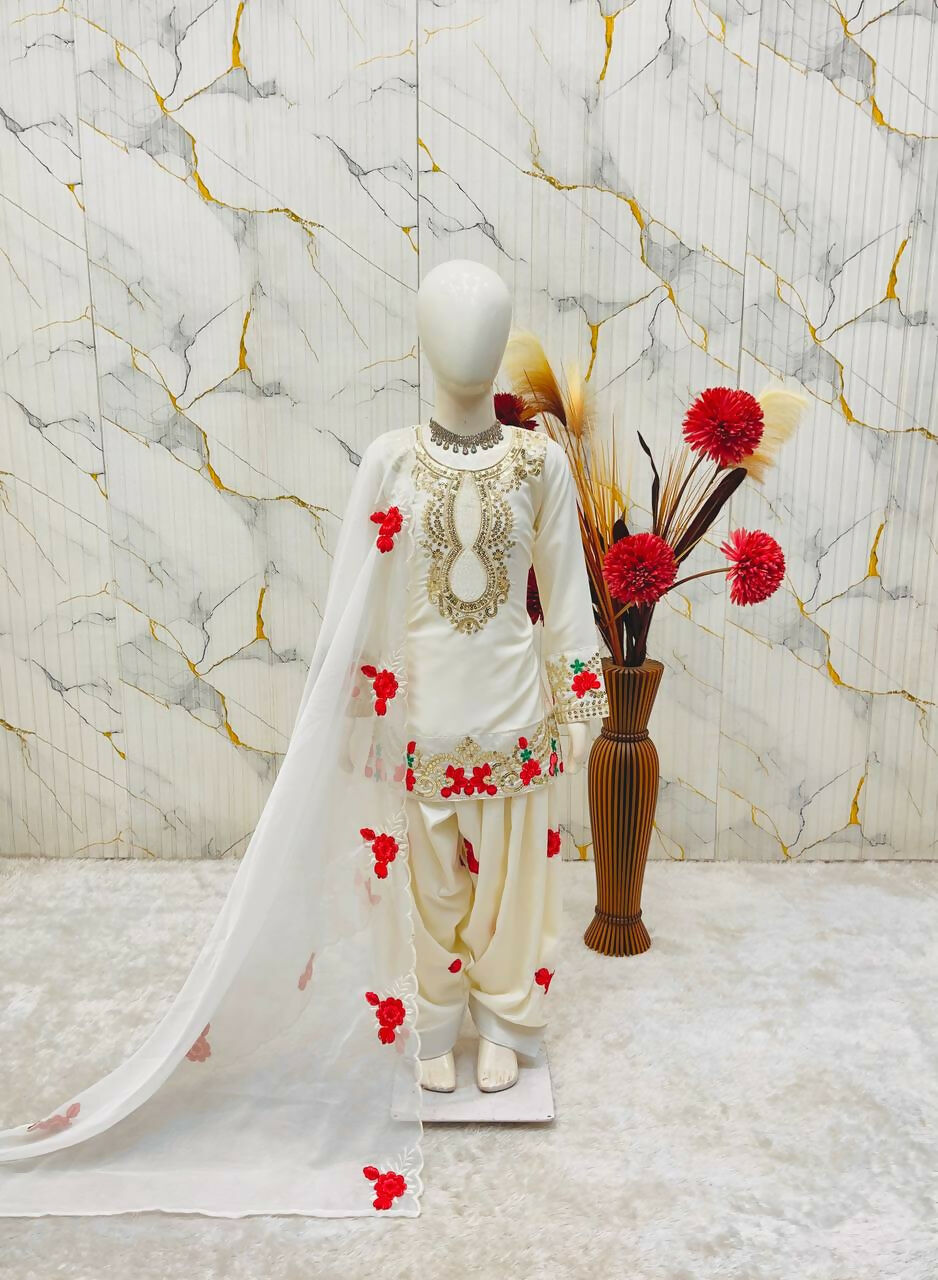 Teeya Creation New Kids Trendy Wedding Wear Traditional Kurta Salwar Set-Beige | Grocsy