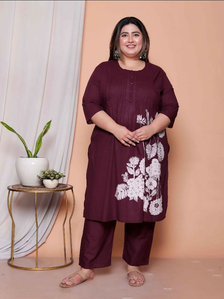 Miravan Womens Plus Size Wine Floral Kurta With Palazzo And Dupatta Set | Grocsy