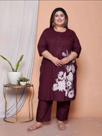 Miravan Womens Plus Size Wine Floral Kurta With Palazzo And Dupatta Set | Grocsy