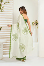 Vastranavya Green Digital Printed Linen Ready To Wear Designer Saree with Unstitched Blouse | Grocsy
