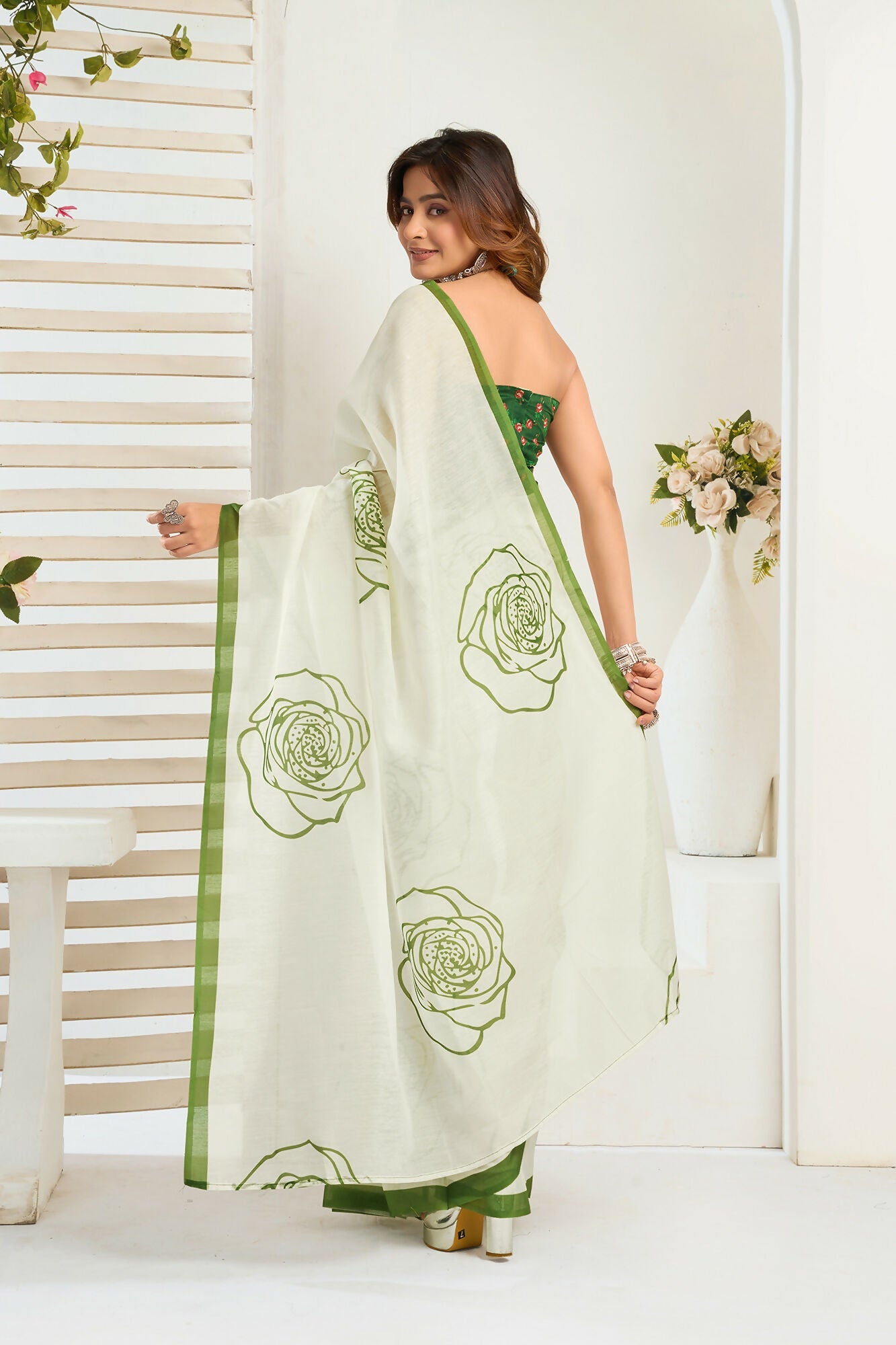 Vastranavya Green Digital Printed Linen Ready To Wear Designer Saree with Unstitched Blouse | Grocsy
