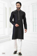 Raivat Ethnic Linen Cotton Thread Work Kurta Pajama In Black Colour | Grocsy