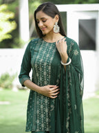 Juniper Green Mono Viscose Festive Wear Printed Straight Kurta Sharara Dupatta Set | Grocsy