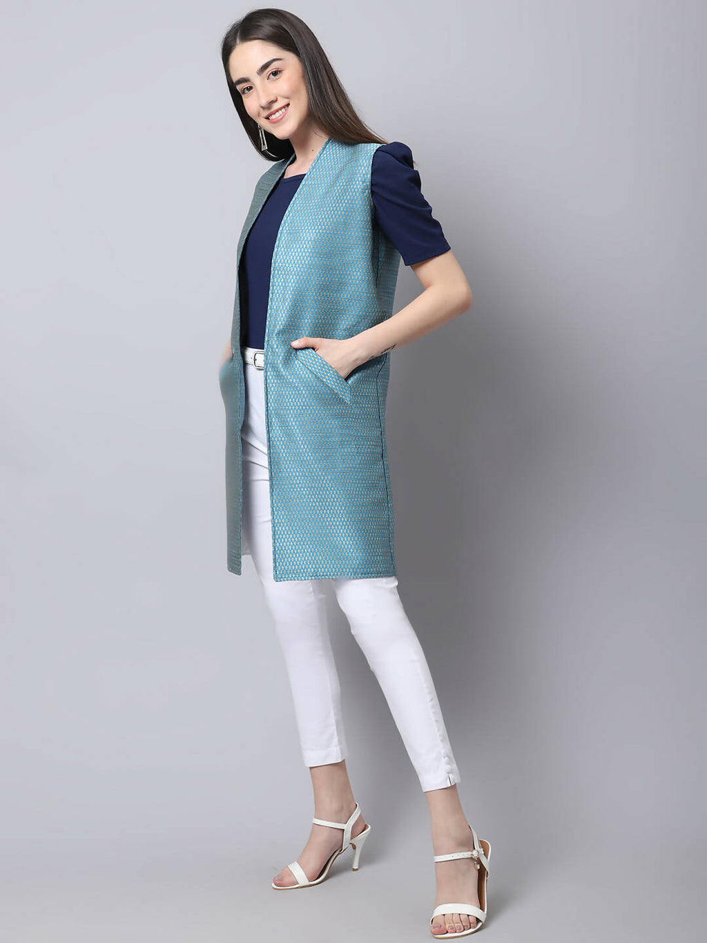 Even Apparels Blue Bansari Silk Open Front Women's Long Coat | Grocsy