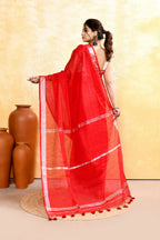 Piyari Fashion Women's Red Embellished Cotton Blend Zari Border Handloom Saree | Grocsy