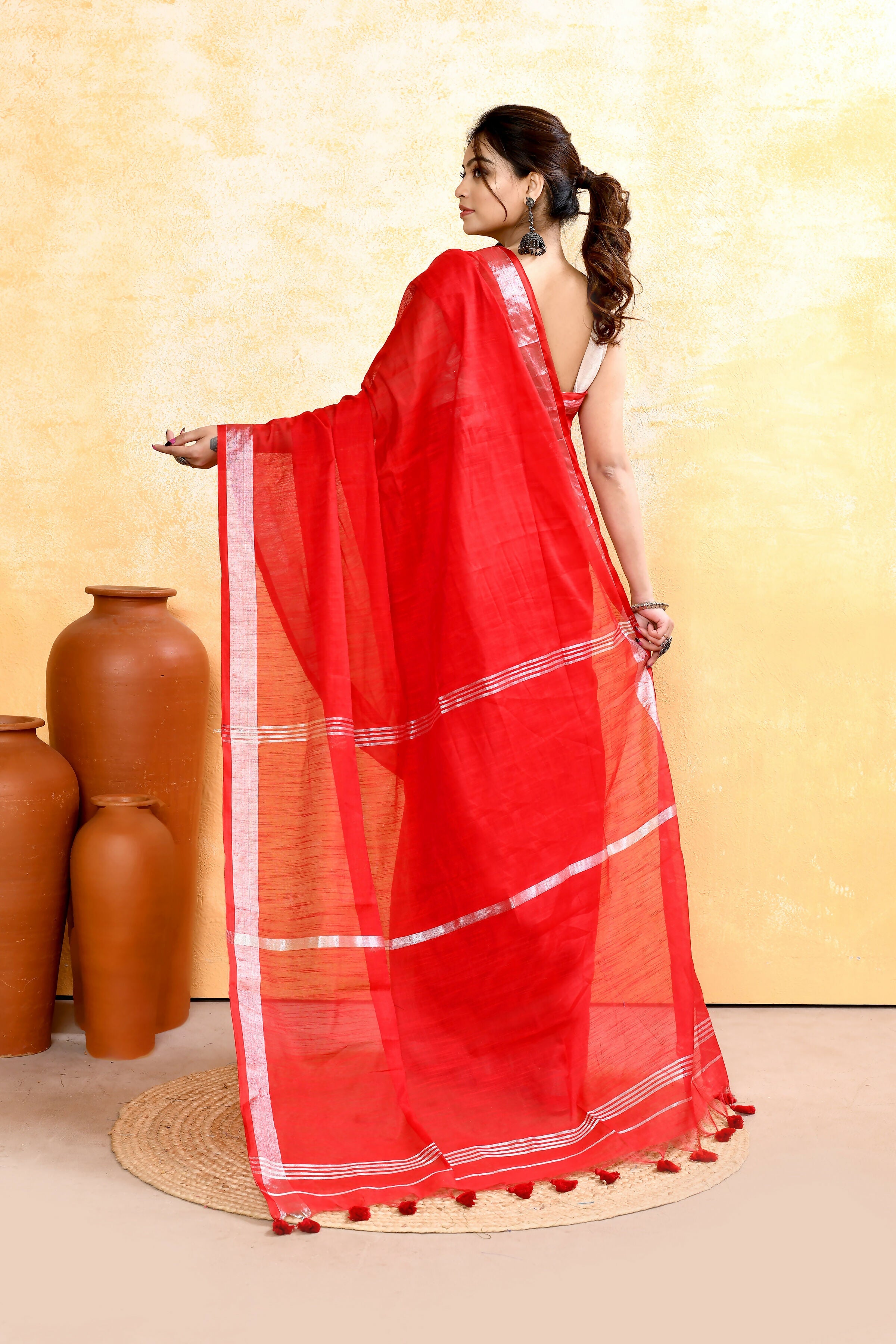 Piyari Fashion Women's Red Embellished Cotton Blend Zari Border Handloom Saree | Grocsy