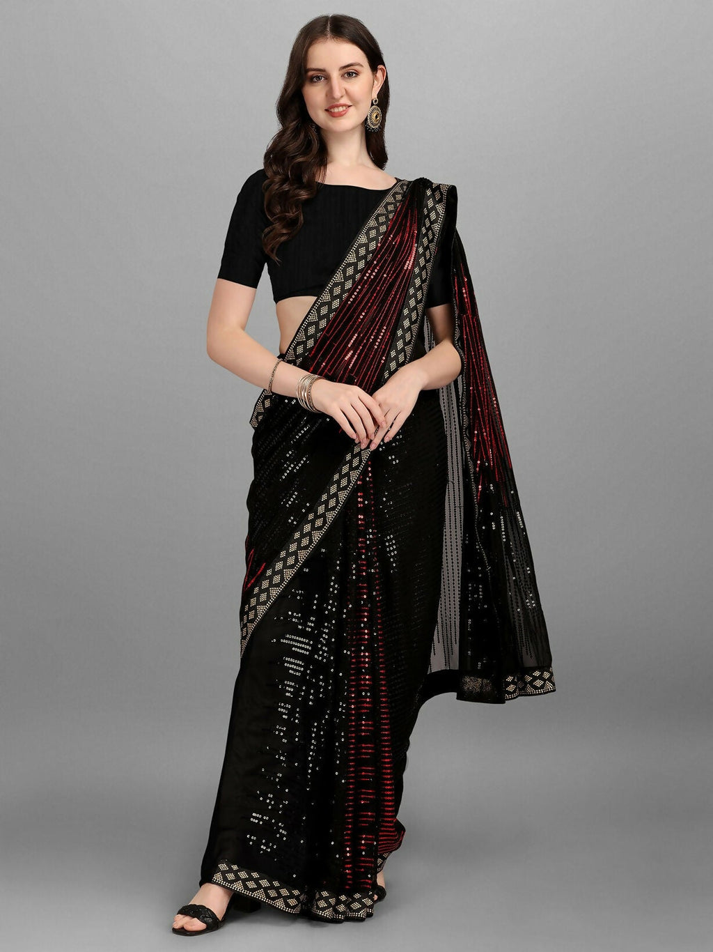 Vegaa Fashion Black Georgette Embroidered Party Wear Saree | Grocsy